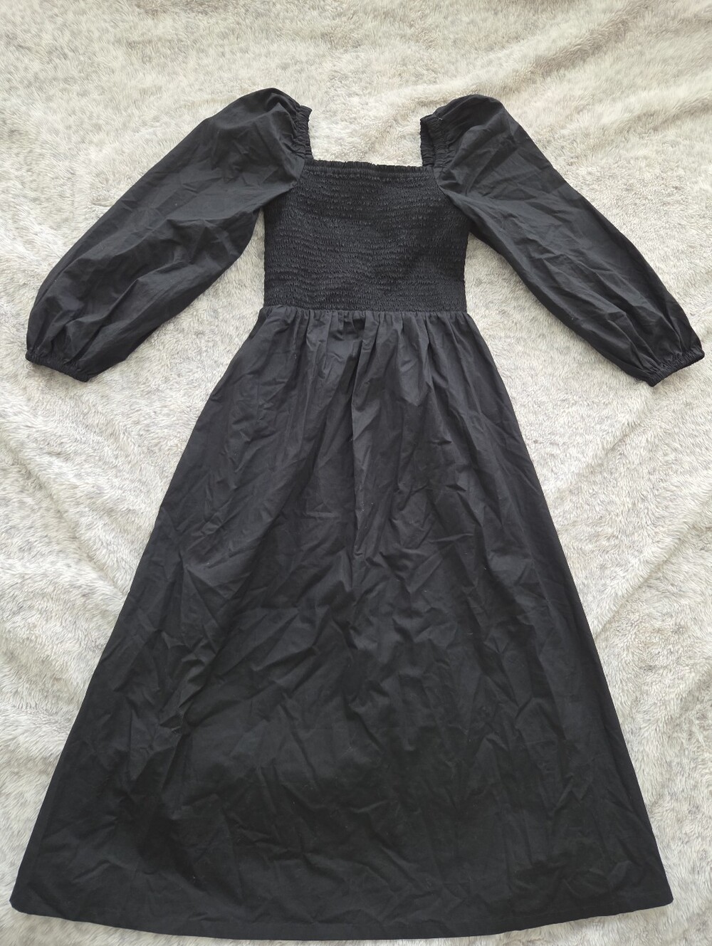 J.CREW Black Cotton Poplin Smocked Long Puff Sleeve Midi Dress - XXS